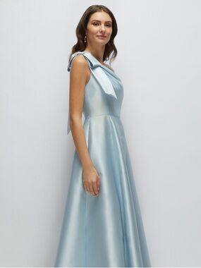 ALFRED SUNG Light Blue Satin Bow-Shoulder Maxi Gown Size 4